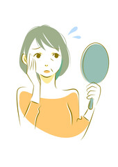 手鏡を見る50代女性の手描き風イラスト