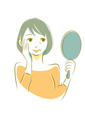 手鏡を見て微笑む50代女性の手描き風イラスト