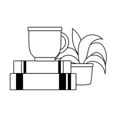 coffee cup on books and plant isolated icon line style