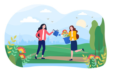 Ecological concept with two girls watering flowers in the meadow on the background of an urban landscape. Flat vector illustration