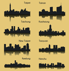 Obraz premium Set of 8 city silhouette in Taiwan ( Tainan, Hsinchu, Taoyuan, New Taipei, Keelung, Kaohsiung, Taipei, Taichung )