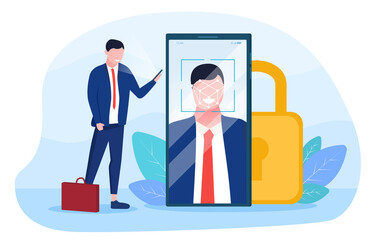Face recognition concept with man standing in front of digital gadget. Flat vector illustration