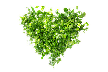 The heart shape is made of chopped green onions, parsley and dill. White isolated background.