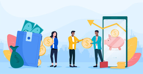 Money transfer concept. Financial transactions, non-cash payment transactions. Pos-terminal and payment systems, currency, coins, NFC payment system Vector, money transfer. Flat vector illustration