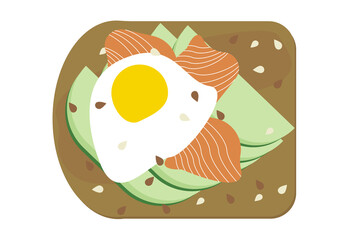 Avocado toast with poached egg and salmon illustration. Avocado smoked lox slices on bread, vegan sandwich with seeds