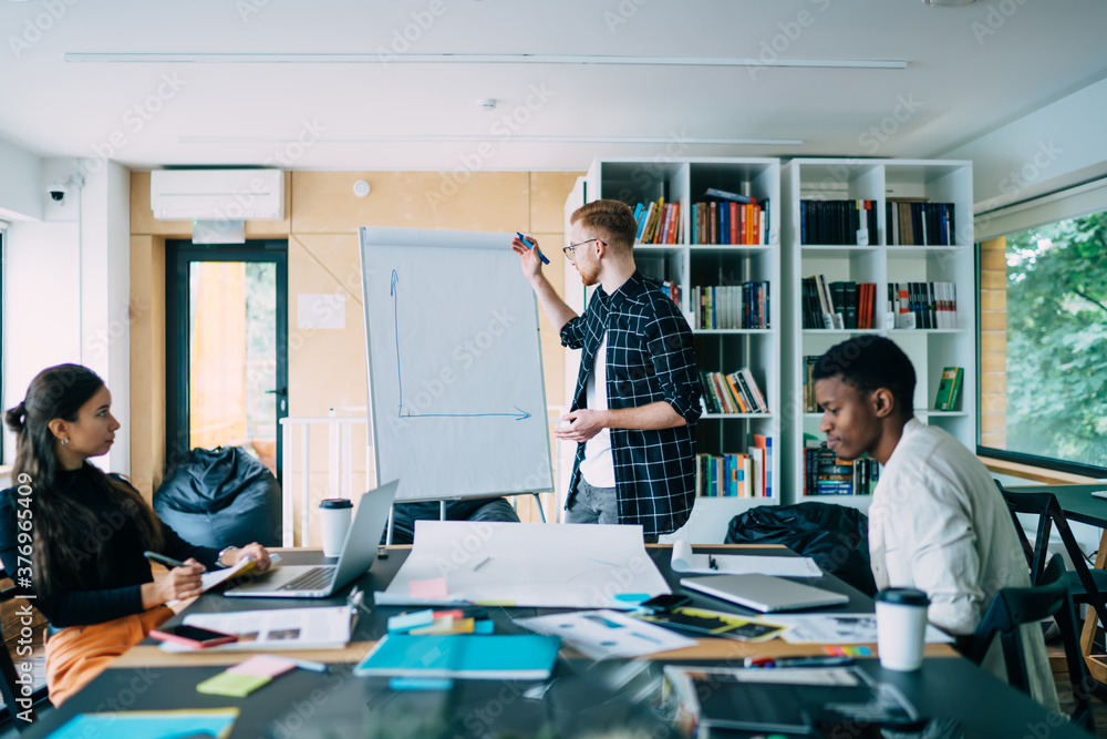 Poster Young man drawing graph for diverse colleagues