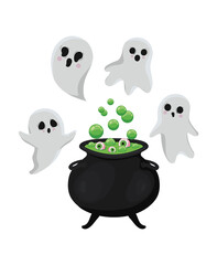 Halloween ghosts cartoons with witch bowl vector design