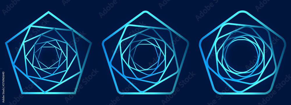 Poster set of swirling symbols. optical illusion. twisted structure. 3d wireframe abstract tunnel. vector i