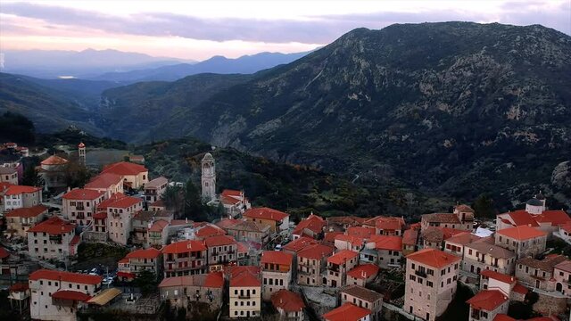 Aerial view over the beautiful historical village Dimitsana during winter period in Arcadia, Peloponnese, Greece