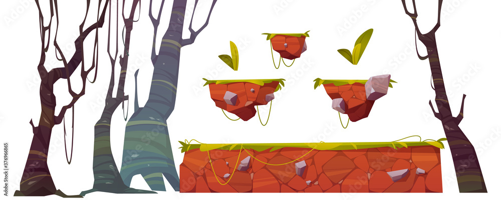 Poster platform with grass for game level interface. vector cartoon set of gui elements for background of a