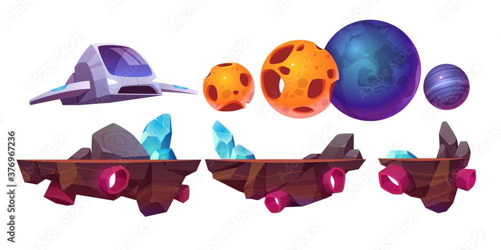 Poster space game platform, cartoon arcade isolated elements spaceship, flying rocks and alien planets for 