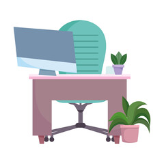 workspace desk armchair computer and plants isolated design white background