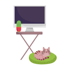 workspace table with computer screen cactus and cat in cushion isolated design white background