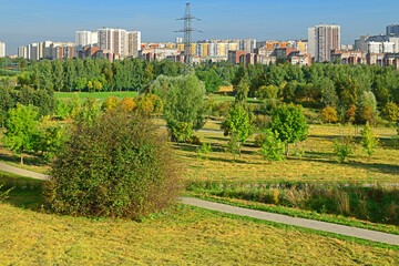Fototapeta na wymiar Landscape park and residential area Mitino in autumn. Moscow, Russia