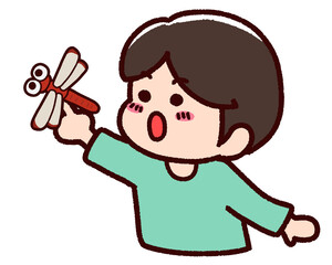 男の子と指にとまった赤トンボ