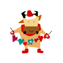 Vector illustration on the theme of the New Year. Bull picture with festive details. For a postcard, for a congratulation, a poster, a sticker.
