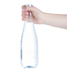 Bottle of water in hand on white background isolation