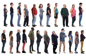 Obraz premium large group of mixed people on white background, side view,