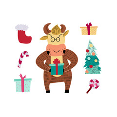 Vector illustration on the theme of the New Year. Bull picture with festive details. For a postcard, for a congratulation, a poster, a sticker.
