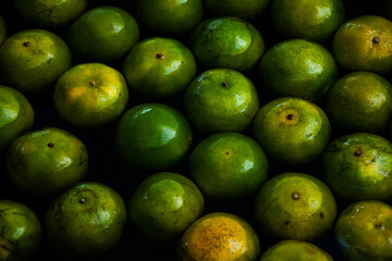Top view of green oranges on the water. Close up of freshly harvested oranges background.