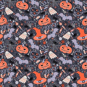 Halloween seamless pattern. Hand-drawn illustration with pumpkins, tombstone, skull, ghost, bat, hat, cat and etc. It can be used for wallpaper, wrapping, textile.