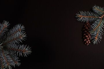 Fir tree branch needles and pine cone on top right  and bottom left corners as a holiday themed black background.