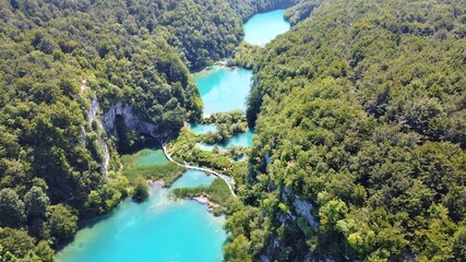 Cascade of lakes and waterfalls, Plitvice Lakes, aerial view. Plitvice National Park

