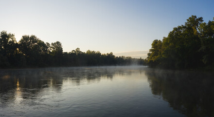 Aerial view of foggy Kupa river during an early morning, Sisak, Croatia.