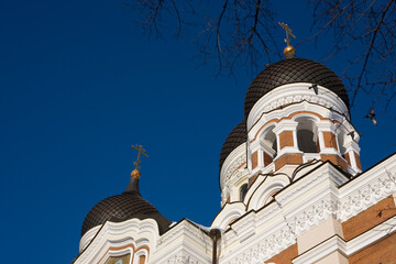 Aleksander Nevski Cathedral, Toompea (Cathedral Hill), Tallinn, Estonia: close-up of the onion domes - obrazy, fototapety, plakaty