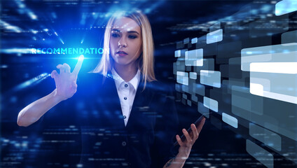 Business, Technology, Internet and network concept. Young businessman working on a virtual screen of the future and sees the inscription: Recommendation
