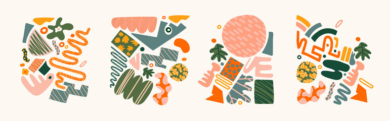 vector illustration of hand drawing work. creative outline doodles of abstract shapes. graphic design for background or frame for text. abstract isolated art elements for flyer, booklet, card, cover