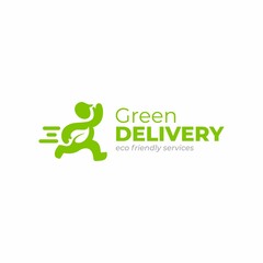 Eco delivery logo template. Sustainable delivery. Eco-friendly services logotype. Delivery man holding a leaf. Delivery vector logo.