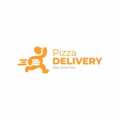 Delivery logo template. Delivery man holding pizza boxes icon. Pizza guy vector logo.