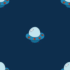 Ufo and aliens Seamless pattern. Cute Doodles space ships sketch. Hand drawn Cartoon Vector illustration