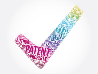 Patent check mark word cloud collage, concept background