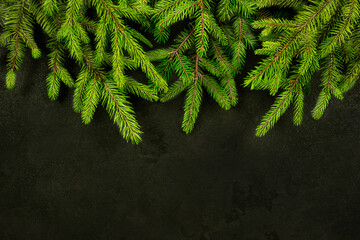 Christmas frame postcard with a fir branch on a dark background. Magical atmosphere.