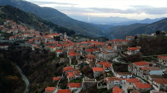 Aerial view over the beautiful historical village Dimitsana during winter period in Arcadia, Peloponnese, Greece