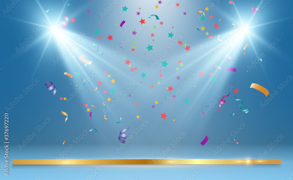 Poster Lots of colorful tiny confetti and ribbons on transparent background. Festive event and party. Multicolor background.Colorful bright confetti isolated on transparent background