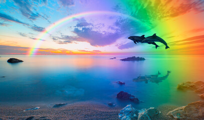 Group of dolphins jumping on the water at sunset, amazing rainbow in the background - Beautiful seascape and blue sky