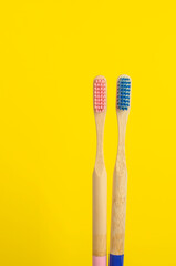 dos cepillos de dientes uno rosa y otro azul de bambú con fondo liso de color amarillo  