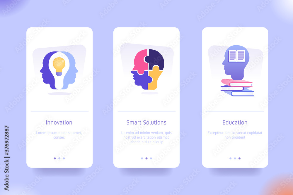 Poster application design set for innovation, smart solutions and education. ui on boarding screens design.