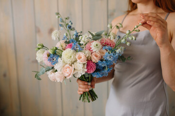 Composition with bouquet of freshly cut flowers