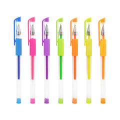 Seven colors plastic gel pen for girls and women, with rubber grip, transparent body, colors blue, pink, purple, green, orange, yellow and peach