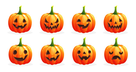 Set of spooky Halloween pumpkins with various face. Orange pumpkins with emotions on white background. Autumn holidays. Template for greeting card poster, brochure, flyer. Vector cartoon illustration.