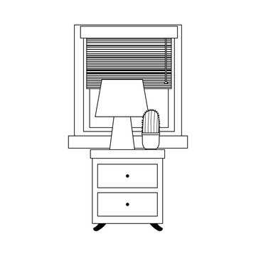drawers furniture with lamp cactus and window isolated icon line style