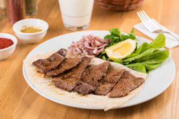 Traditional Turkish Liver kebab cuisine. Leaf Liver spicy. Delicious turkish ciger.
