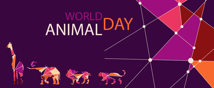 stylized poster Design for world animal day in trendy colors of autumn. Image of and wild animals silhouette in geometric style . EPS10