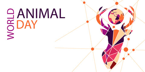 stylized poster Design for world animal day in trendy colors of autumn. Image of a  deer head in geometric style and the world. EPS10