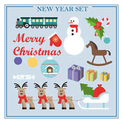 A set of flat illustrations for new year and Christmas. Vector set of isolated images snowman, sleigh, deer, gifts, train, Christmas toys, mittens, horse. Bright objects for a postcard, ad, sale, or