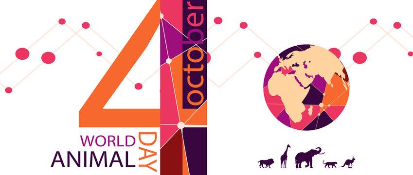 stylized poster Design for world animal day in trendy colors of autumn. Image of a world in geometric style and silhouette wild animals. EPS10
